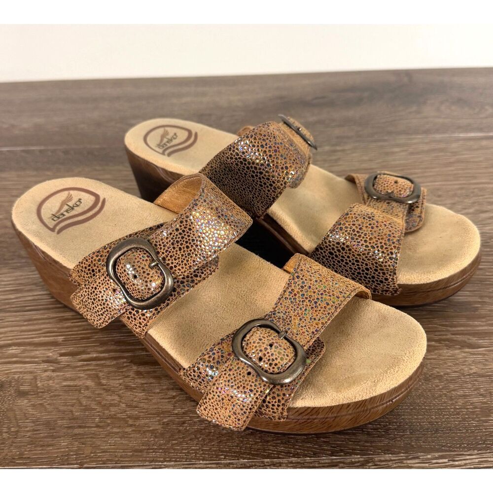 Dansko Sophie Leather Double Buckle Slide Sandals Bronze Metallic Size 38